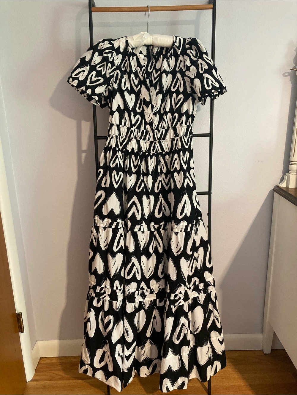 Anthropologie Somerset Black and White Heart-Print Tiered Maxi Dress